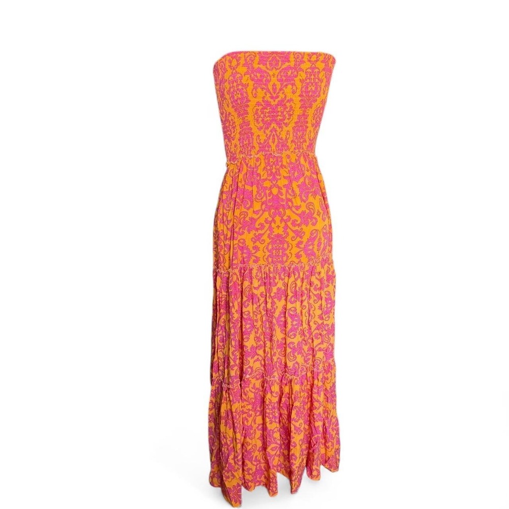 Abel The Label Bondi Pink Orange Strapless Tiered Maxi Dress XS